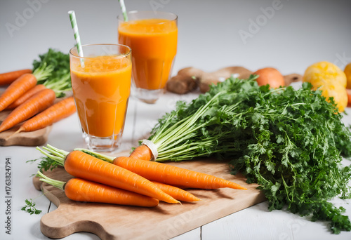 Fresh carrot juice and vegetables. Healthy diet