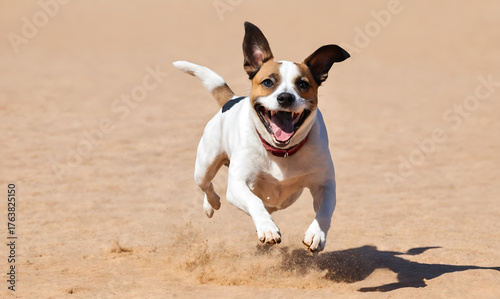 Funny dog playing on beach. Playful pet jumping. Animals