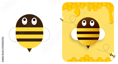 A modern flat-style vector illustration of a cute cartoon honey bee featuring geometric shapes and soft gradients. The design includes honeycomb cells, dripping honey, and playful flying bees on a bri