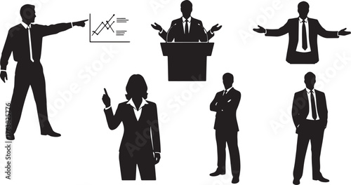 Business Presentation Vector Silhouettes, Set of Six Poses