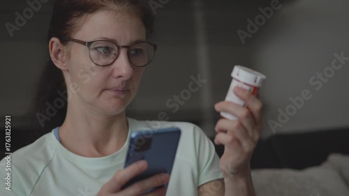 Ordering Medication Online From an Online Pharmacy. Woman Checking Information Online About Medications Prescribed by Doctor. Person Reading Instruction How to Take Drugs. Medical Insurance Medicare.