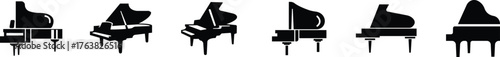 Piano Icon Set, Grand Piano Symbol Collection and Musical Instrument Group, Keyboard, Classical Music, Electric Piano, Melody, Performance, Entertainment Vector in Black flat Style