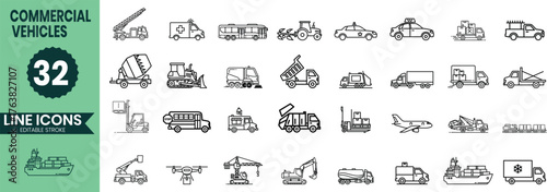 Collection of 32 common vehicle line art icons representing various modes of transportation