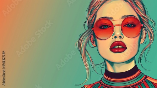 Stylized illustration of a woman with light hair, wearing red sunglasses.