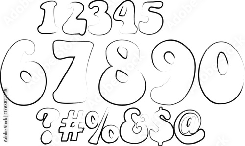 Whimsical outline font numbers and symbols for playful designs