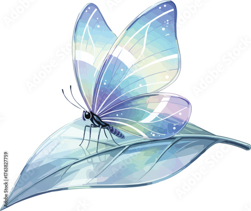 Crystal Butterfly on Glass Leaf on Transparent Background