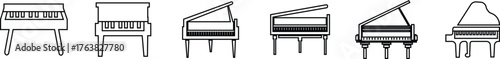 Piano Icon Set, Grand Piano Symbol Collection and Musical Instrument Group, Keyboard, Classical Music, Electric Piano, Melody, Performance, Entertainment Vector in Black Line Style