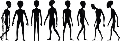 Alien silhouette evolution sequence, extraterrestrial humanoid figures, futuristic sci-fi concept, abstract alien posture transformation, mysterious creature shapes, fantasy extraterrestrial beings