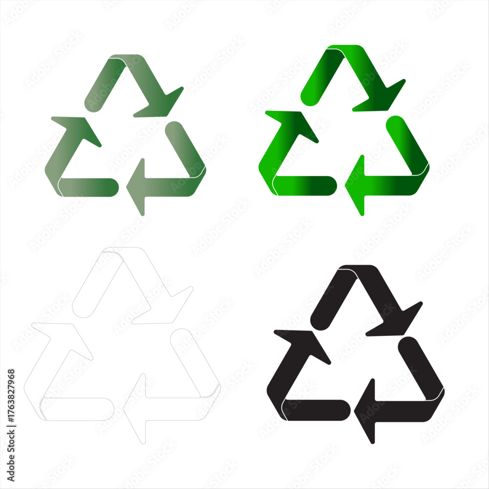 Fototapeta premium Four recycling symbols in transparent, green and black on white background