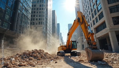 Excavator operates during city construction demolishing old buildings. Machine digs debris at urban site. Heavy machinery in action creates dust cloud at sunny day.