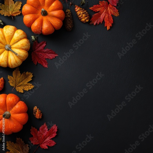 Wallpaper Mural Square Halloween flat lay, pumpkins and autumn leaves on black background, big clean space in the middle for text Torontodigital.ca