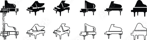 Piano Icon Set, Grand Piano Symbol Collection and Musical Instrument Group, Keyboard, Classical Music, Electric Piano, Melody, Performance, Entertainment Vector in Black Flat and Line Style