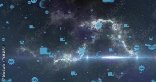 Left light beam sparking nebula pulsing and glowing, guiding commerce icons clustering