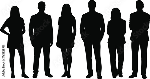 Business, professional, silhouette, standing, figures, group, diverse, attire, suit, casual, woman, man, posture, black, graphic, vector, flat design illustration, flat vector illustration