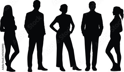 Silhouettes of diverse people standing, casual and professional poses, fashion mix, body language concept, flat vector illustration, isolated design