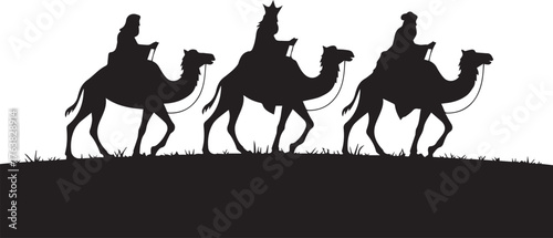 Silhouette of Three Wise Men on Camels Journeying Through the Desert Landscape at Night