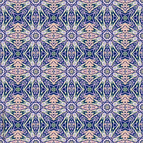 Textured, seamless kaleidoscope pattern in deep indigo and pastel pink. Complex geometric design with floral elements and a richly detailed, distressed textile or chalk art appearance.