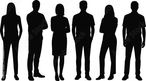 Diverse human silhouettes, standing poses, male and female figures, group unity, flat vector illustration, modern minimal design, people icons