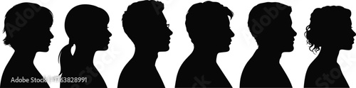 Human profile silhouettes, diverse faces, side view, black vector illustration, flat design, gender mix, minimal style, identity concept