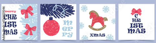 Playful Christmas card set with Kid crayon hand-drawn ornaments, bows, red rocking horse, and bold typography in red, blue. Childrens Chalk Drawing, Template for modern greetings, invitations, poster
