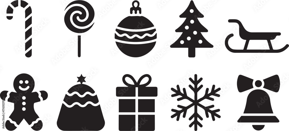 Naklejka premium Simple Black Christmas Icons Candy Cane, Lollipop, Ornament, Tree, Sleigh, Gingerbread, Gift, Snowflake, Bell