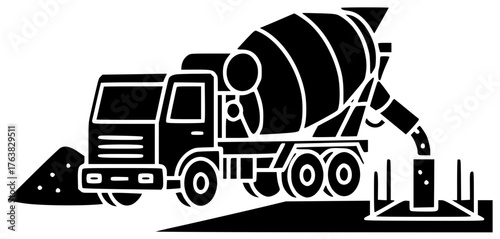 construction illustration concrete silhouette work logo industry icon cement outline truck industrial equipment mixer build machinery material site worker shape and vector graphic background