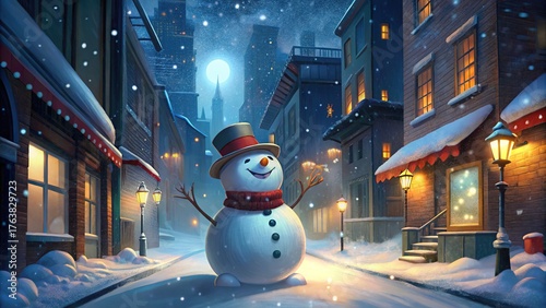 A large smiling snowman in a hat and scarf stands on a snow-covered night city street with glowing lanterns and a Christmas atmosphere