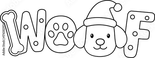 Cute Christmas Dog “WOOF” Text outline vector.
Holiday pet typography with santa hat and paw print coloring page and template.
Transparent background. SVG.
