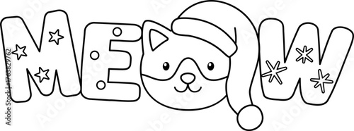 Christmas Cat “MEOW” Text outline vector.
Holiday Pet Typography  coloring page and template..
Transparent background. SVG.
