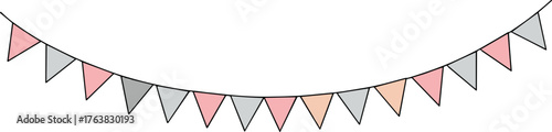 Colorful triangular bunting flags in line vector style, transparent background  