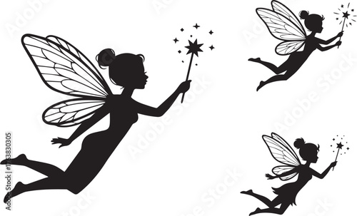 Three Black Silhouette Fairies with Wings and Wands Casting Magic Spells Illustration
