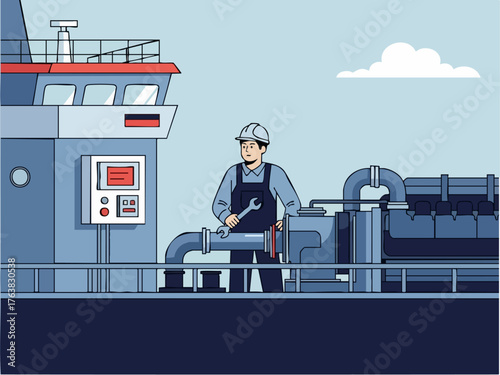 A maintenance worker repairs a methanol production unit aboard a ship. Clean lines, blue tones, and a focused professional create a clear, modern illustration.
