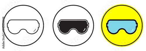 Safety goggles icon set. Protective glass icons for industrial and workplace safety. Vector illustration for eyewear, eye guard, safety glasses and specs symbol- line, silhouette coloured (Isolated)