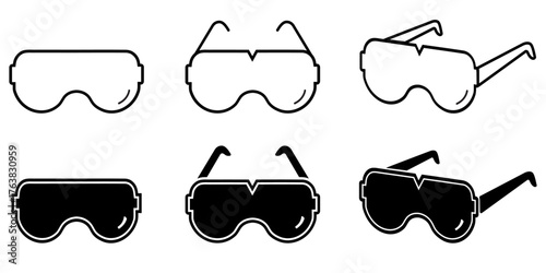 Sunglasses icon set- silhouette and outline. vector illustration of 3D glasses, movie specs, goggles, blue light filter lens and eyewear for Beauty, fashion, lifestyle and eye protection.(isolated)