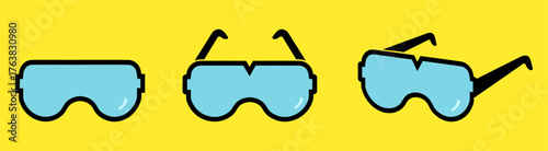 Eye glasses vector illustration in different style -Coloured. Model goggle icon set for lifestyle and fashion. Sunglasses icon set for sunlight protection. Blue light filter lens clipart (isolated)