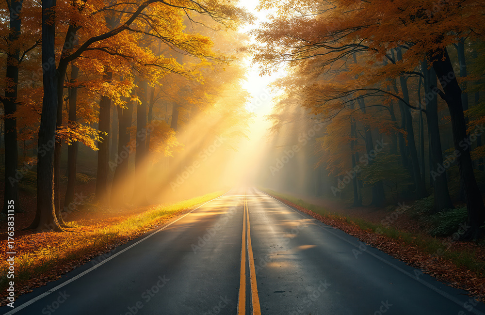 Fototapeta premium Autumn road through forest with sun rays. Asphalt highway with yellow lines stretches into distance. Trees with orange leaves on both sides. Sunlight shines through leaves, mist on road. Fall season