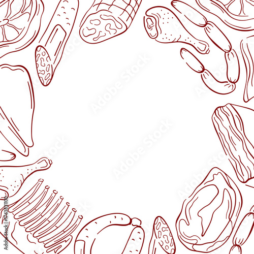 Red line art style border frame of various meat cut, sausage and deli product on white background for butcher shop design.