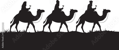 Three Wise Men on Camels Silhouette Walking on Grass, Black and White