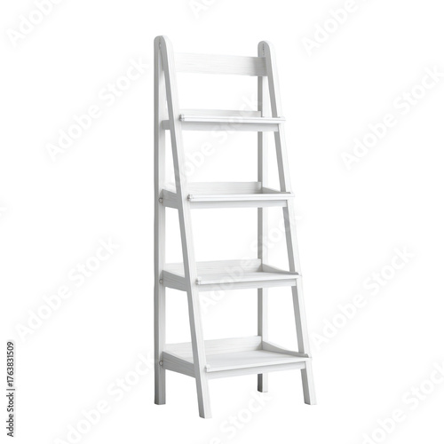 minimalist white ladder shelf with four levels, isolated on transparent background