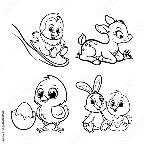 Cute Cartoon Animals Illustration Collection Coloring Page with Chick Deer Penguin and Bunny