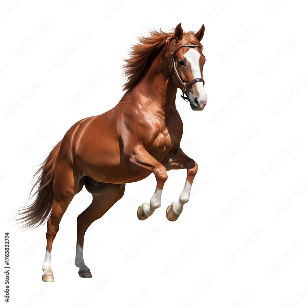 Obraz premium Majestic chestnut stallion rearing powerfully, showcasing muscular physique and flowing mane, embodying strength and freedom.