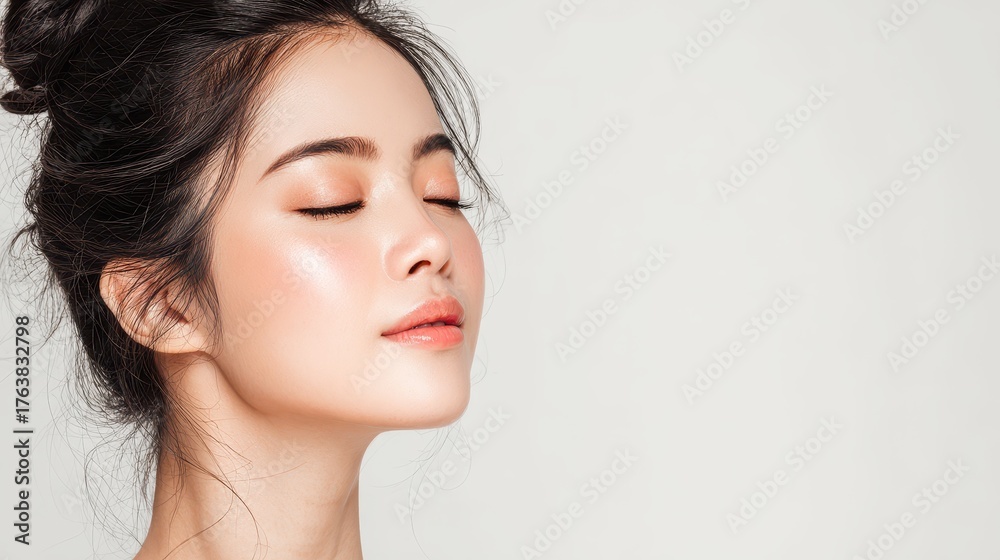 Naklejka premium Attractive young Asian woman with clear skin against a white backdrop skincare beauty treatments and spa portrait
