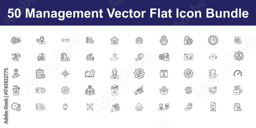 Vector art of management vector flat icon bundle includes icons such as strategy, planning, leadership, teamwork, communication, and more perfect for business and project management