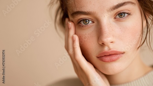 Close up of girl with problematic skin touching her face gazing at the camera against a beige background