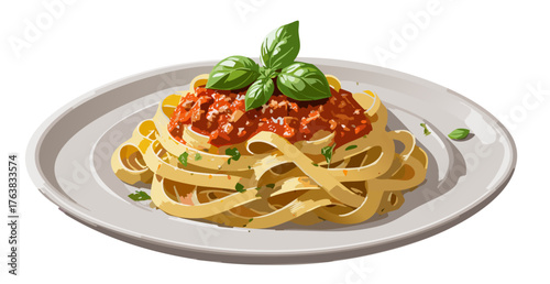 Vector drawing tagliatelle bolognese on a ceramic plate.