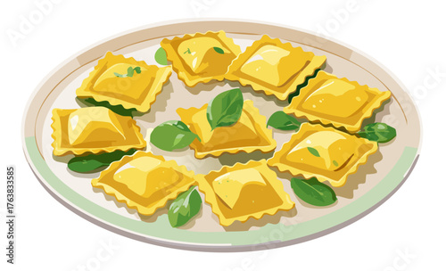 Vector drawing homemade ravioli with ricotta and spinach, served on a plate with butter and sage, overhead perspective.