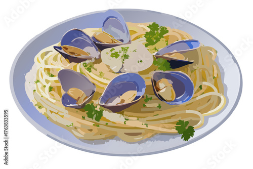 Vector drawing of linguine alle vongole on a porcelain plate, delicate mussels, garlic, olive oil and parsley.