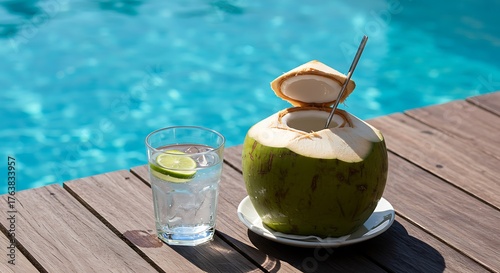 Refreshing coconut drink with a slice of lime by the pool.