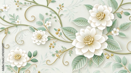Elegant floral design with white flowers green leaves and golden accents on a light background art  custom 3d photo wallpaper panaflex design for wall hd background