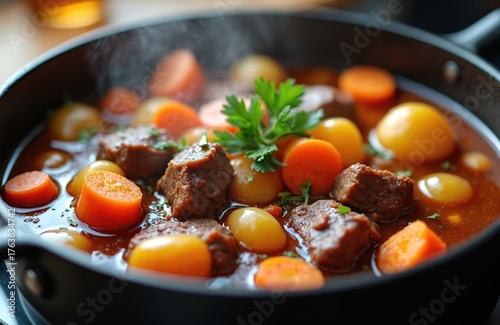Chunks of beef simmer in savory sauce with carrots and potatoes. Steam rises from pot of hearty home cooked meal. Fresh parsley garnishes bubbling stew.